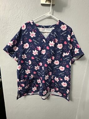 Floral Navy V-Neck Scrub Top with Pink Accents